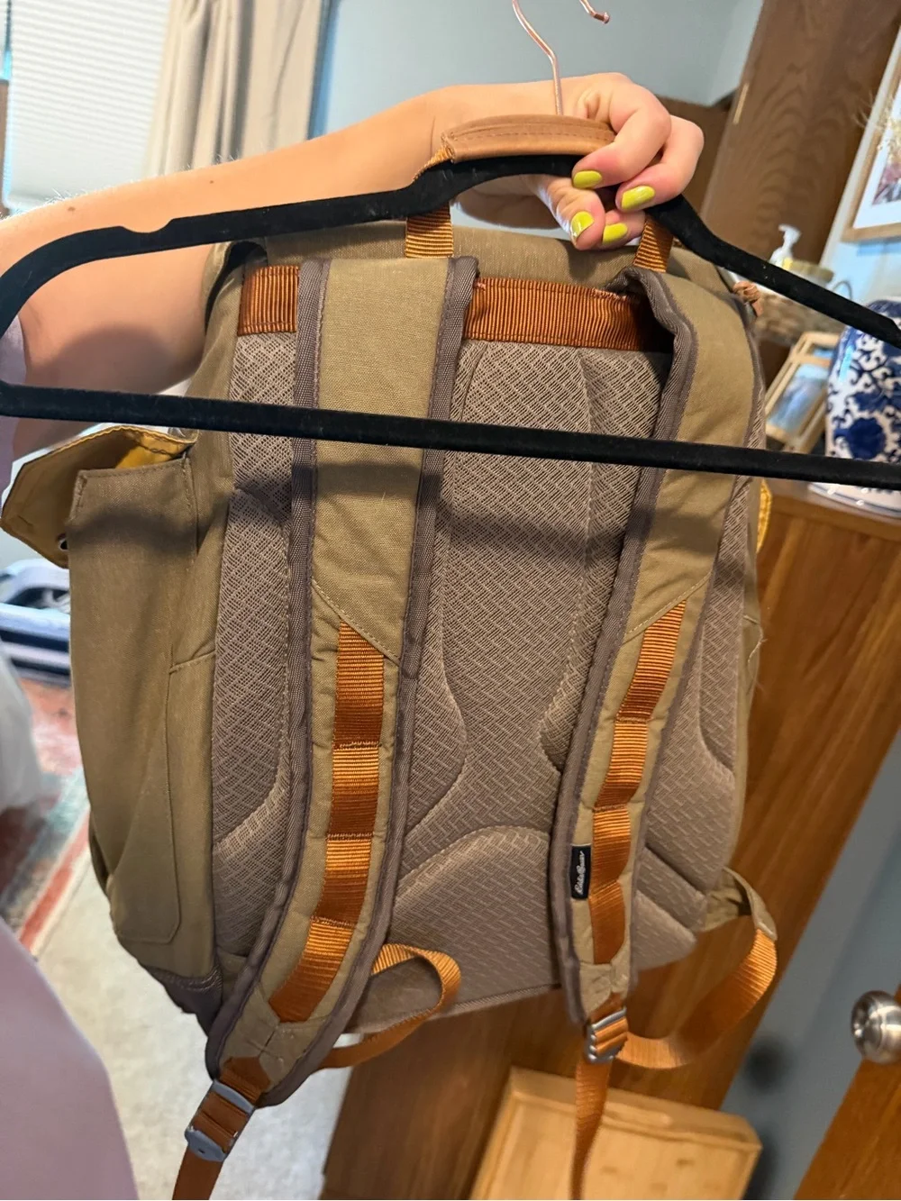 Eddie Bauer Olive Canvas Daypack with Brown Straps